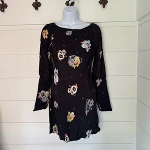 Free People Floral Black Long Slit Sleeve Dress, Women’s 0